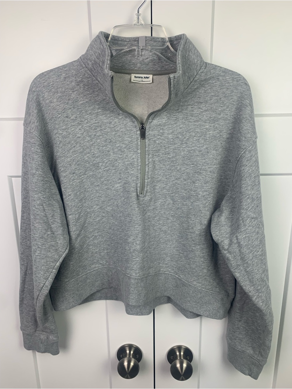 Tommy John Women's L French Terry Half-Zip Sweatshirt Mock Neck Crop Casual Gray